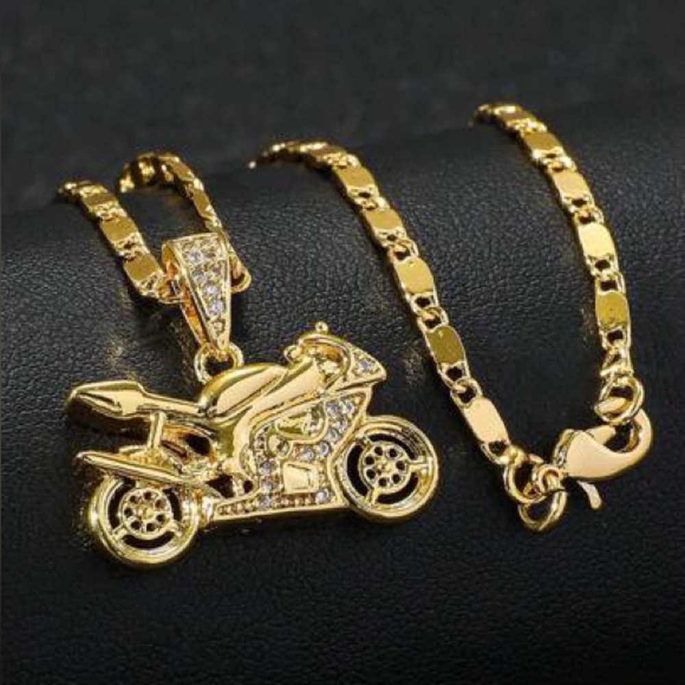 Gold plated Motorcycle Pendant Necklace unisex